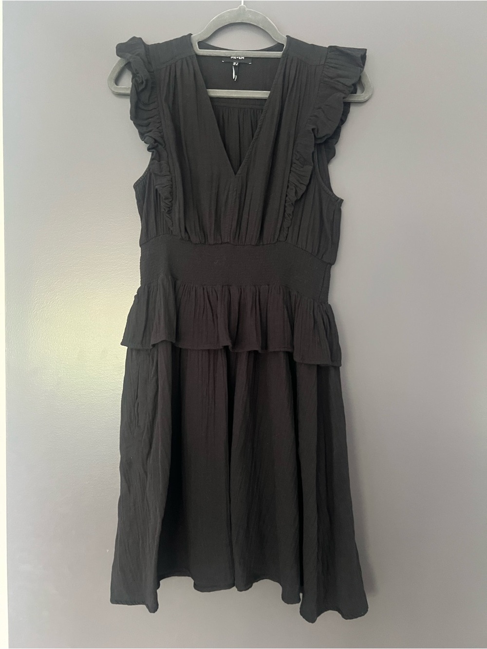 ME & EM Black Ruffle V-Neck Mini Dress Cheesecloth Size UK 6 / US 2